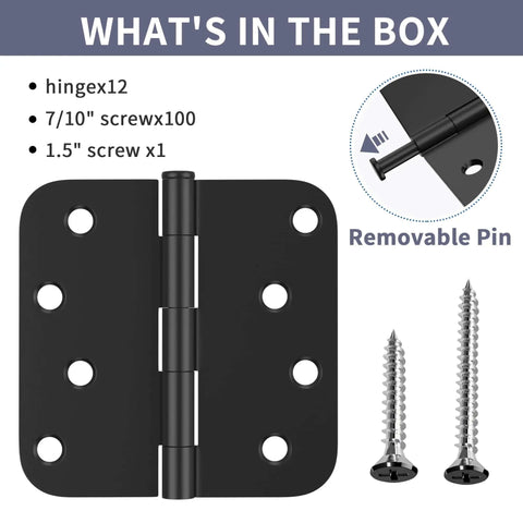 12 Pack 4 Inch Matte Black Exterior Door Hinges With Five Eighths Radius And Square Corners, Removable Pin, Heavy Duty, Anti Rust, No Squeaks For Front And Back Doors, includes screws