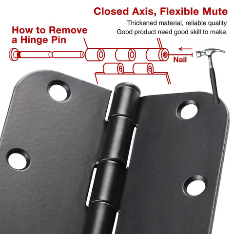 30 Pack Rounded Matte Black Door Hinges 3.5 Inch 5/8" Radius Interior with hinge pin removal guide