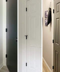 30 Pack Rounded Matte Black Door Hinges 3.5 Inch 5/8" Radius Interior installed on various doors.