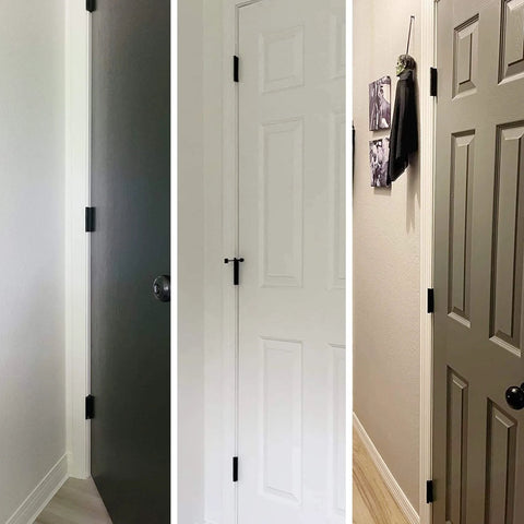30 Pack Rounded Matte Black Door Hinges 3.5 Inch 5/8" Radius Interior installed on various doors.