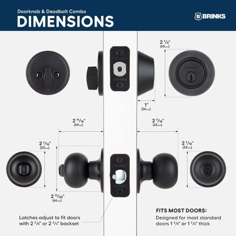 Diagram showing dimensions of Keyed Entry Door Knob And Deadbolt Combo 3 Pack Matte Black No Brainer Install With Keyed Alike Lock Set.