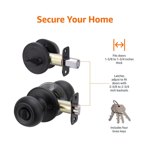 Secure exterior door entry with a durable knob and deadbolt, keyed alike for easy access, coastal matte black finish, brass body