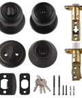 Secure exterior door entry with a durable knob and deadbolt, keyed alike for easy access, coastal matte black finish, brass body with steel internals, and an adjustable 2 3/8 to 2 3/4 inch latch
