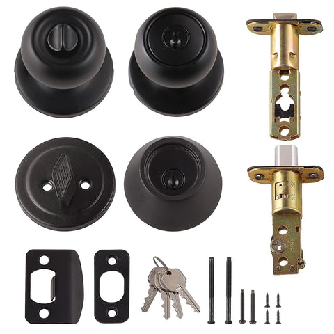 Secure exterior door entry with a durable knob and deadbolt, keyed alike for easy access, coastal matte black finish, brass body with steel internals, and an adjustable 2 3/8 to 2 3/4 inch latch