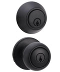 Secure exterior door entry with a durable knob and deadbolt, keyed alike for easy access, coastal matte black finish, brass body with steel internals
