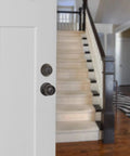 Secure exterior door entry with a durable knob and deadbolt, keyed alike for easy access, coastal matte black finish, installed on door