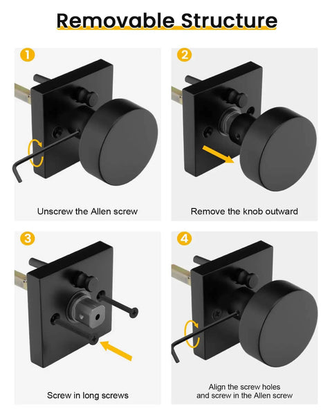 Step-by-step assembly of Privacy Door Knobs Matte Black Set For Interior Doors, showing screw alignment and knob removal.