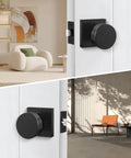Privacy Door Knobs Matte Black Set For Interior Doors, shown installed on white doors in a modern room and outdoor scene.