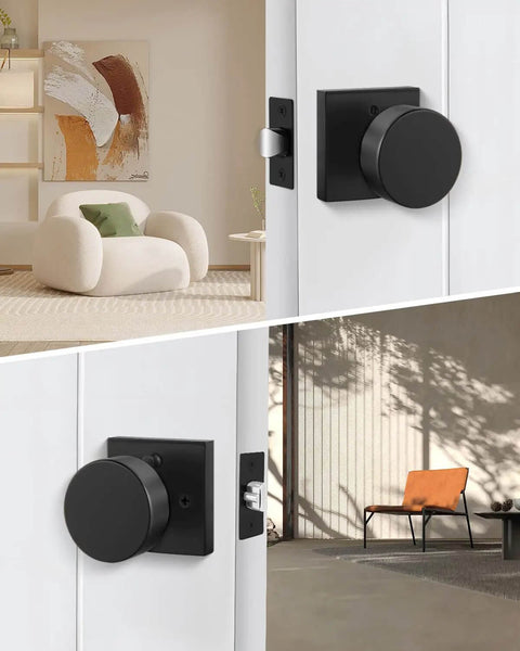 Privacy Door Knobs Matte Black Set For Interior Doors, shown installed on white doors in a modern room and outdoor scene.