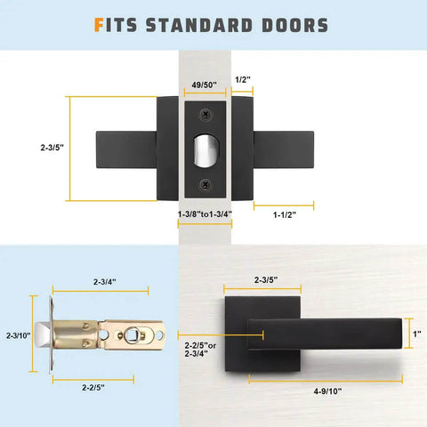 Matte Black Heavy Duty Built To Last Interior Door Handle Set With Square Classic Passage Knobs dimensions and installation view.