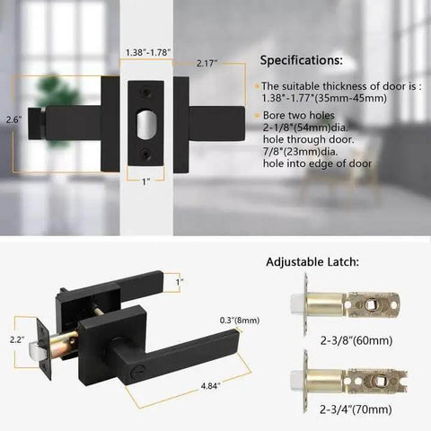 10 Pack Matte Black Privacy Door Levers With Square Rosette, Heavy Duty Bed And Bath Door Locks, Reversible Flat Levers, diagram