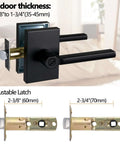 Long Plate Bed And Bath Room Door Lever With Privacy Lock Matte Black Finish Heavy Duty Interior Door Handle shown with adjustable backset options 60mm or 70mm for child proof button lock.