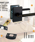Long Plate Bed And Bath Room Door Lever With Privacy Lock Matte Black Finish, includes levers, latch, strike plate, and screws.
