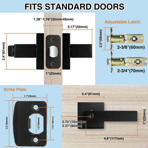 Dimensions and components of 10 Pack Matte Black Interior Privacy Door Levers Set With Keyless Square Lock Heavy Duty Reversible Door Handles.
