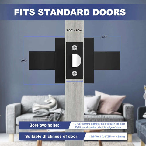 Diagram showing Matte Black Passage Door Lever Set Heavy Duty Square Interior Door Handles measurements for standard door compatibility.