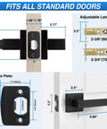 Dimensions and features of Six Pack Matte Black Privacy Door Levers with robust zinc alloy construction and brass components for privacy.