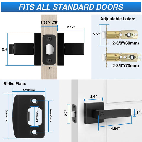 Dimensions and features of Six Pack Matte Black Privacy Door Levers with robust zinc alloy construction and brass components for privacy.