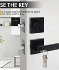 Matte Black 3 Pack Exterior Door Lock Set With Deadbolt And Front Door Handle Set Keyed Alike displayed on door.