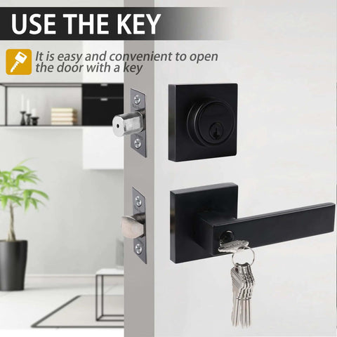 Matte Black 3 Pack Exterior Door Lock Set With Deadbolt And Front Door Handle Set Keyed Alike displayed on door.
