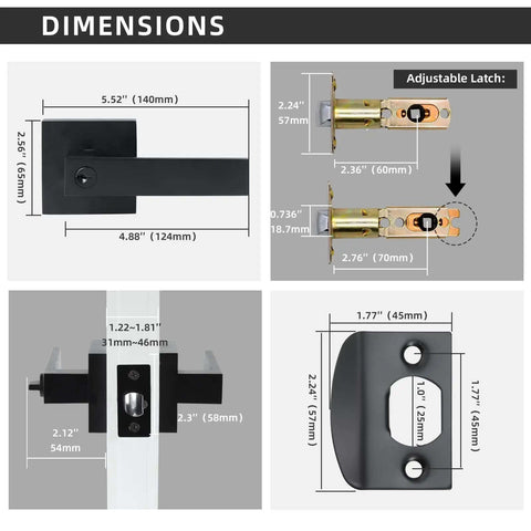 Dimensions of Entry Door Lock Set With Square Door Lever For Bedroom And Privacy, Heavy Duty Interior Exterior Door Knob, ANSI Grade 3