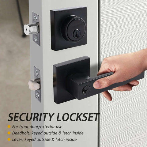 Hand installing Matte Black 3 Pack Exterior Door Lock Set With Deadbolt And Front Door Handle Set Keyed Alike for left or right swing.