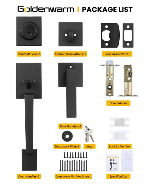 Matte Black Double Front Door Lock Set With Reversible Lever Handle And Dummy Exterior For Left And Right Handed Doors package contents