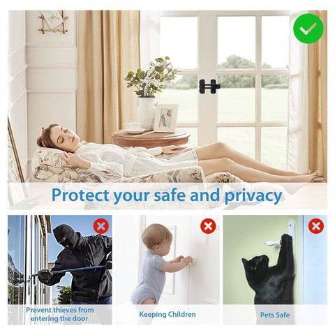 Image of a woman relaxing with installed 4 inch Flip Latch Gate Latches on French doors, showing security against intruders and pets.