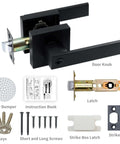 Entry Door Lock Set With Square Door Lever For Bedroom And Privacy, Heavy Duty Interior Exterior Door Knob, ANSI Grade 3, Zinc Alloy And Brass Build, Matte Black Finish, DIY Install, No Pros Needed components layout with keys and hardware