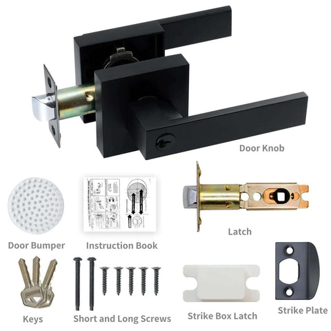 Entry Door Lock Set With Square Door Lever For Bedroom And Privacy, Heavy Duty Interior Exterior Door Knob, ANSI Grade 3, Zinc Alloy And Brass Build, Matte Black Finish, DIY Install, No Pros Needed components layout with keys and hardware