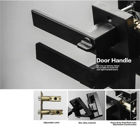 Heavy Duty Matte Black Door Lock Set With Entry Lever And Single Cylinder Deadbolt Keyed Alike, close-up of door handle and components