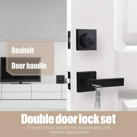 Heavy Duty Matte Black Door Lock Set With Entry Lever And Single Cylinder Deadbolt Keyed Alike installed on white door