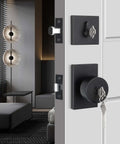Matte Black Exterior Door Lock Set with Square Contemporary Knob and Deadbolt installed on door, showcasing modern design