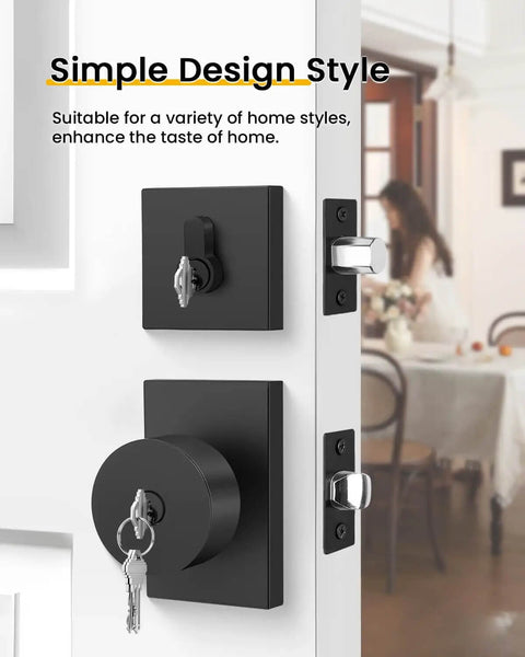 Installed Matte Black Exterior Door Lock Set With Square Contemporary Knob And Deadbolt, enhancing modern home entry aesthetics.