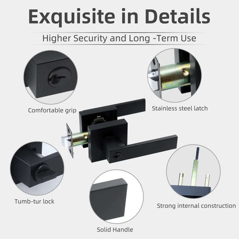 Entry Door Lock Set With Square Door Lever For Bedroom And Privacy, Heavy Duty Interior Exterior Door Knob, details view