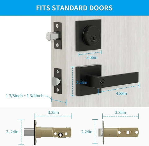 Keyed Alike Heavy Duty Exterior Front Door Lock Set With Entry Door Handle And Single Cylinder Deadbolt, Matte Black, dimensions view