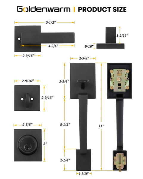 Matte Black Double Front Door Lock Set With Reversible Lever Handle dimensions shown on size guide