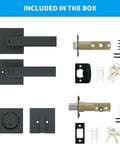 Keyed Alike Heavy Duty Exterior Front Door Lock Set With Entry Door Handle And Single Cylinder Deadbolt Reversible shown with components, matte black finish.