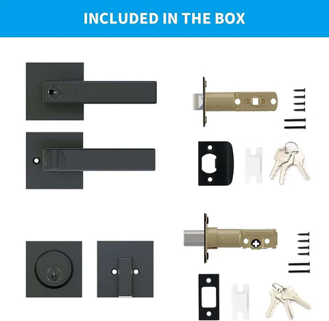 Keyed Alike Heavy Duty Exterior Front Door Lock Set With Entry Door Handle And Single Cylinder Deadbolt Reversible shown with components, matte black finish.