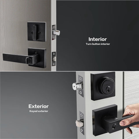 Heavy Duty Matte Black Door Lock Set With Entry Lever And Single Cylinder Deadbolt Keyed Alike, interior and exterior view