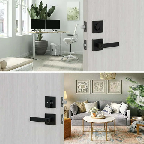 Keyed Alike Heavy Duty Exterior Front Door Lock Set With Entry Door Handle And Single Cylinder Deadbolt Matte Black Finish installed