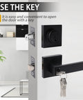 Heavy Duty Matte Black Door Lock Set With Entry Lever And Single Cylinder Deadbolt Keyed Alike, shown installed on door.
