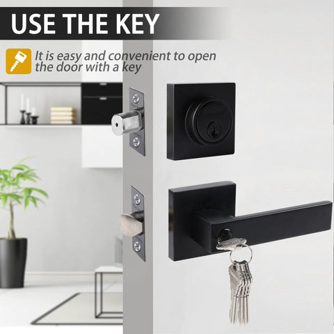 Heavy Duty Matte Black Door Lock Set With Entry Lever And Single Cylinder Deadbolt Keyed Alike, shown installed on door.