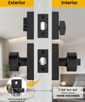 Matte Black Exterior Door Lock Set With Square Contemporary Knob And Deadbolt installed on door, showing exterior and interior views