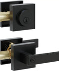 Keyed Alike Heavy Duty Exterior Front Door Lock Set With Entry Door Handle And Single Cylinder Deadbolt Reversible For Right Or Left Swing Matte Black Finish Ideal For Home Or Office Security.