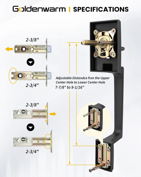 Specifications for Matte Black Double Front Door Lock Set With Reversible Lever Handle And Dummy Exterior, with dimensions and parts shown.