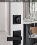 Matte Black Exterior Front Door Lock Set With Deadbolt Square Contemporary Design installed on a white door indoors