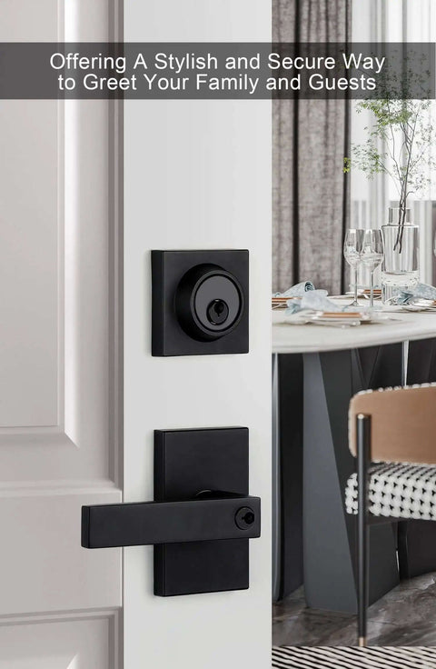 Matte Black Exterior Front Door Lock Set With Deadbolt Square Contemporary Design installed on a white door indoors