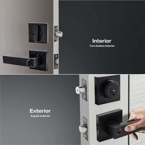 Matte Black 3 Pack Exterior Door Lock Set With Deadbolt And Front Door Handle Set Keyed Alike shown on interior and exterior doors