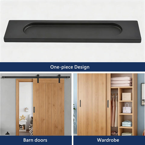 Self Stick Rectangular Sliding Door Pulls Two Piece Set Matte Black Aluminum Flush Handles No Drill for Barn Doors Cabinets