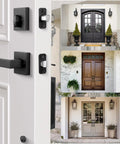 Matte Black Double Door Handle Set With Keyed Deadbolt And Dummy Lever for double doors shown on various entrance styles